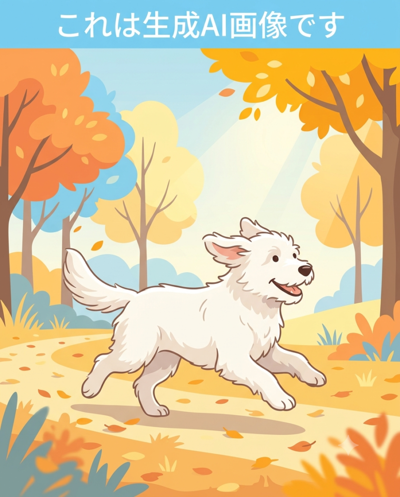 秋の公園を走る白い犬のフラットイラスト