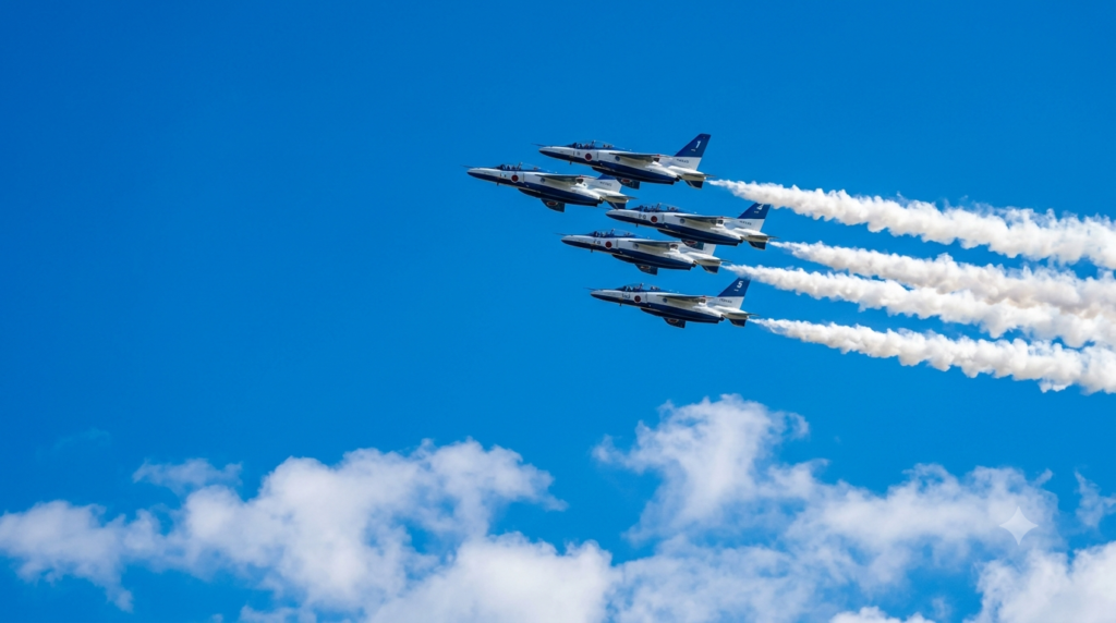 5機のジェット機が右側を飛び、左側に広い青空の余白がある生成画像