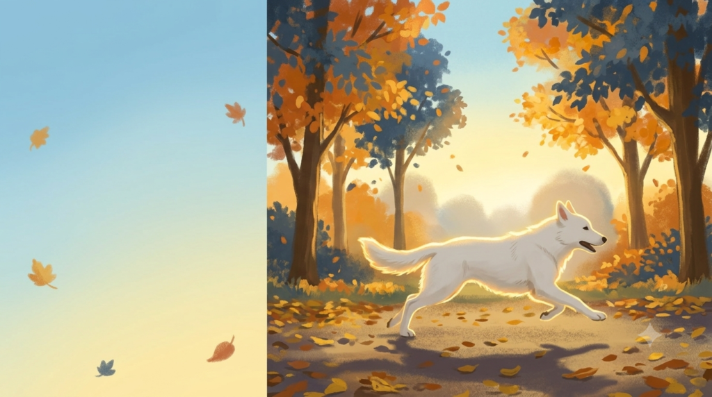 青と黄色の配色と逆光を取り入れた白い犬の生成イラスト
