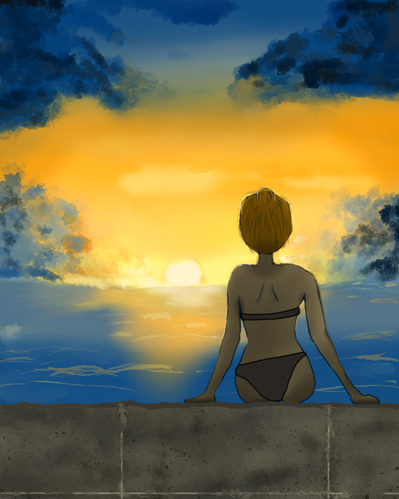 青と黄色の逆光で人物を描いた自作イラスト